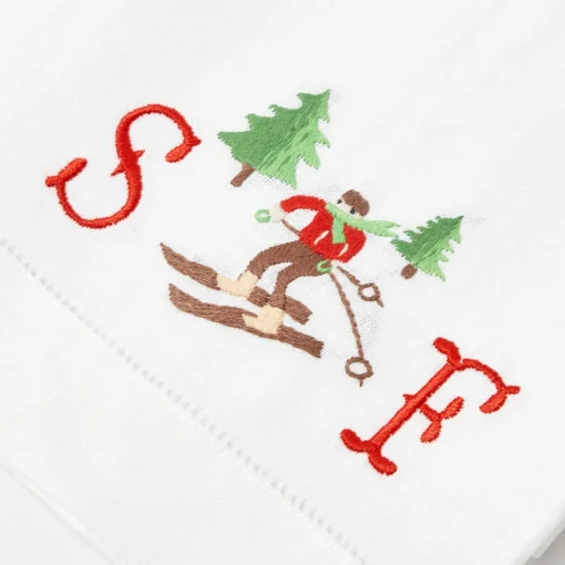 Mrs. Alice Embroidered Skier White Linen Hand Towel< Mrs. Alice Monogram | Monogrammable Gifts