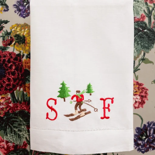 Mrs. Alice Embroidered Skier White Linen Hand Towel< Mrs. Alice Monogram | Monogrammable Gifts