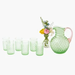 Mrs. Alice Emerald Hobnail Jug with Rose Handle & Glasses (set of 6)< Glassware Sets