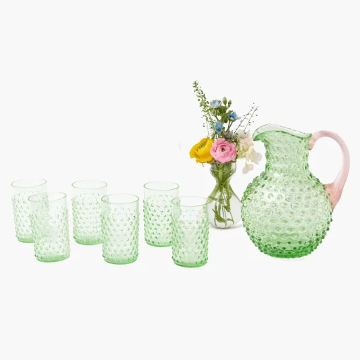 Mrs. Alice Emerald Hobnail Jug with Rose Handle & Glasses (set of 6)< Glassware Sets