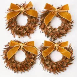 Mrs. Alice Feather Wreaths with Forest Green Velvet Bows (Set of 4)< Christmas Decorations