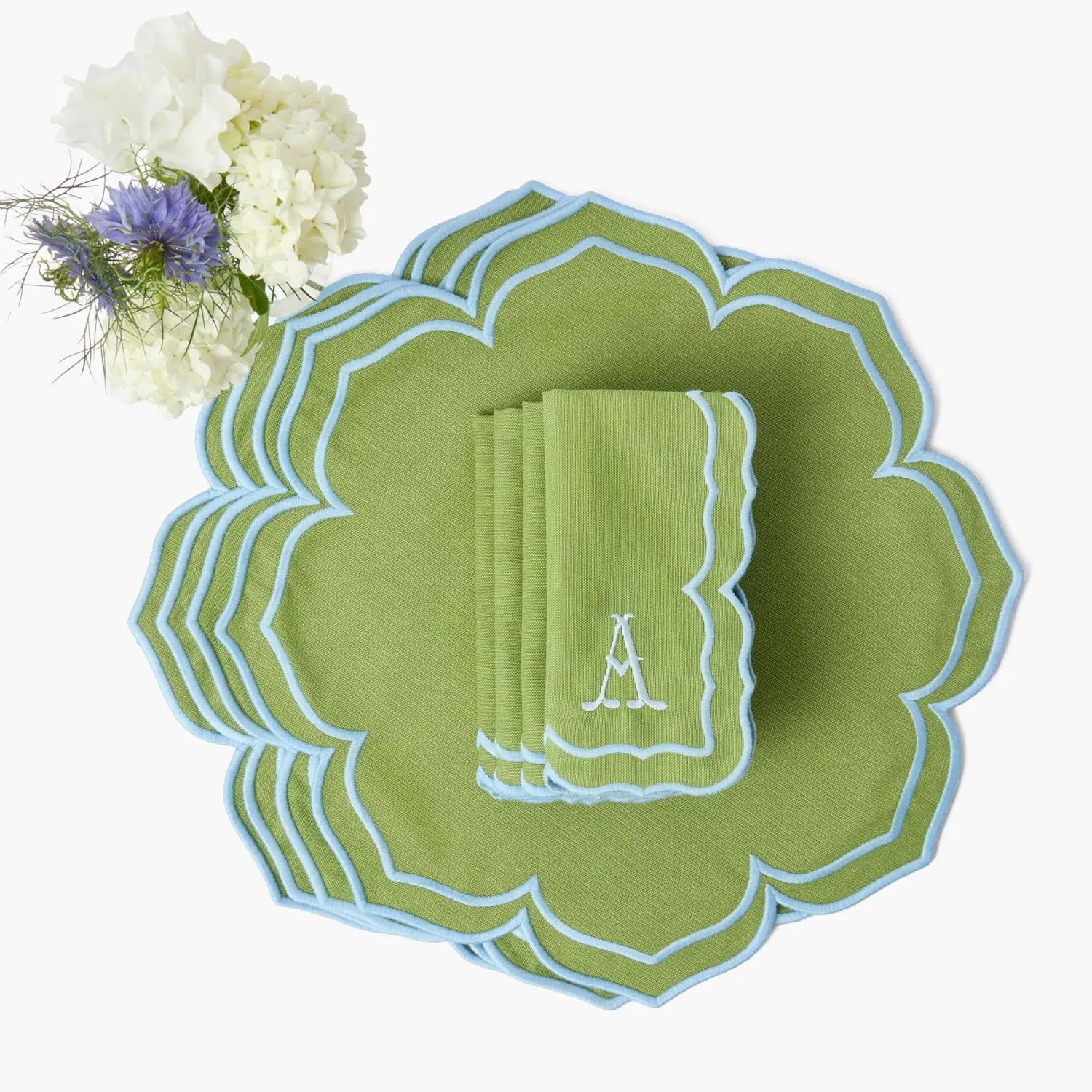 Mrs. Alice Fleur Green Placemats & Napkins (Set of 4)< Summer Table Linen | Table Linen Sets