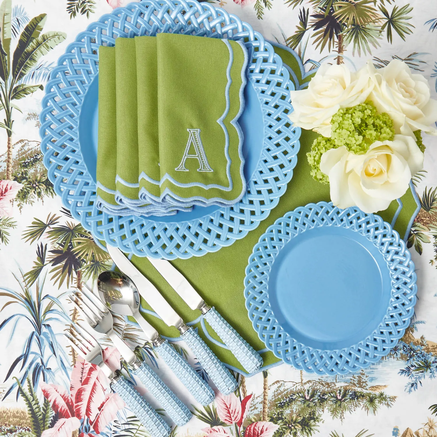 Mrs. Alice Fleur Green Placemats & Napkins (Set of 4)< Summer Table Linen | Table Linen Sets