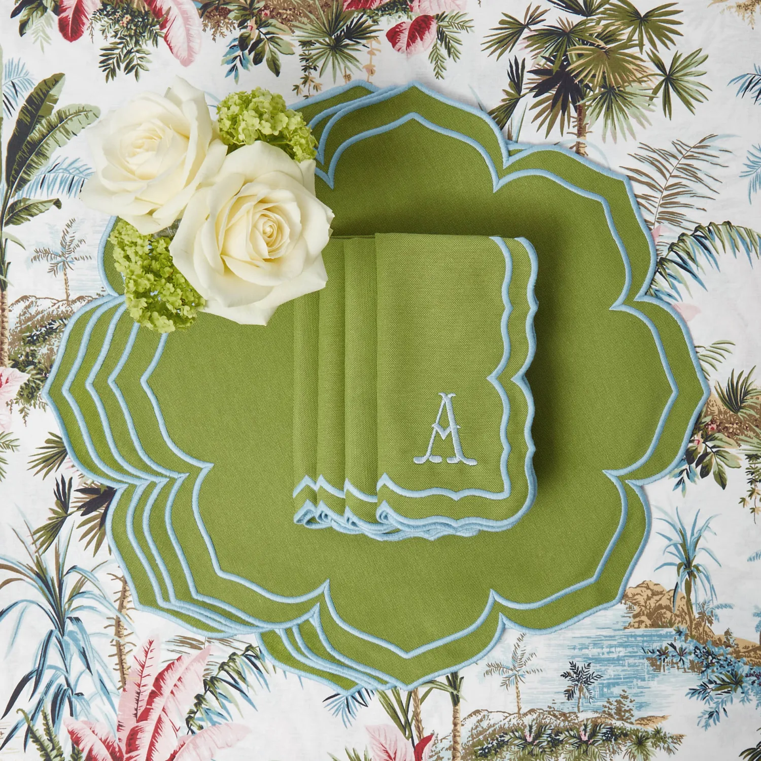 Mrs. Alice Fleur Green Placemats & Napkins (Set of 4)< Summer Table Linen | Table Linen Sets