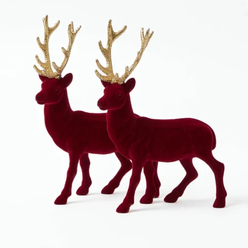 Mrs. Alice Flocked Burgundy Reindeer (Pair)< Christmas Decorations
