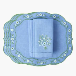 Mrs. Alice Floral Periwinkle Linen Placemats & Napkins (Set of 4)< Summer Table Linen | Table Linen Sets