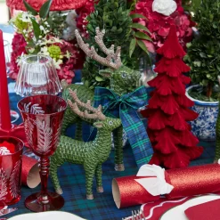 Mrs. Alice Forest Green Rattan Reindeer with Blue Tartan Bows (Pair) - 30cm< Christmas Decorations