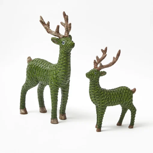 Mrs. Alice Forest Green Rattan Reindeer with Green Velvet Bows (Pair) - 30cm< Christmas Decorations