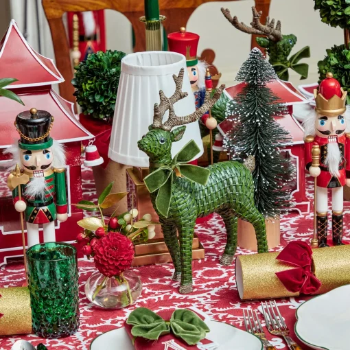 Mrs. Alice Forest Green Rattan Reindeer with Green Velvet Bows (Pair) - 30cm< Christmas Decorations