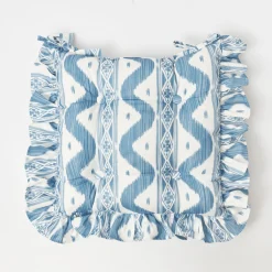 Mrs. Alice Frilled Blue Ikat Seat Pad Cushion< Cushions