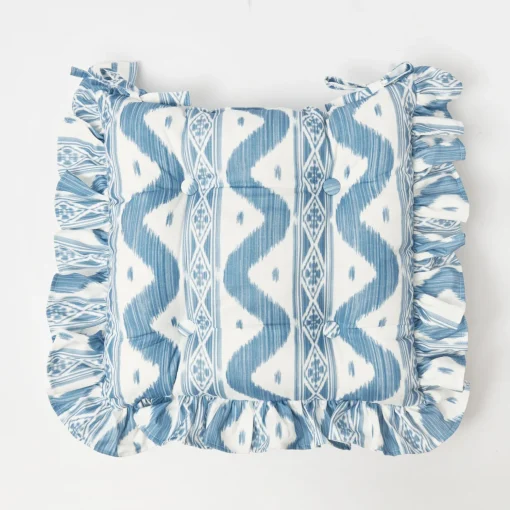 Mrs. Alice Frilled Blue Ikat Seat Pad Cushion< Cushions