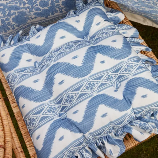 Mrs. Alice Frilled Blue Ikat Seat Pad Cushion< Cushions