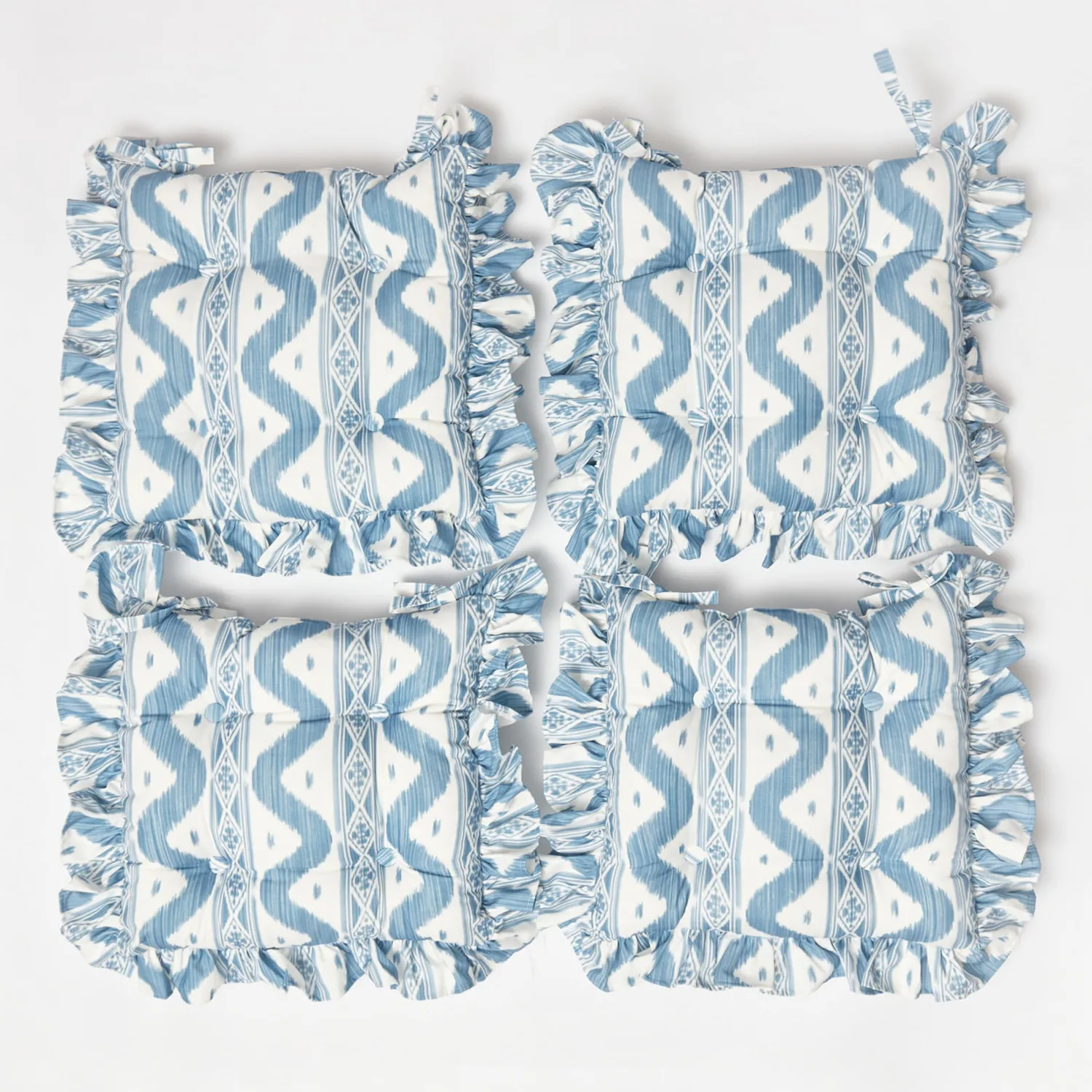 Mrs. Alice Frilled Blue Ikat Seat Pad Cushions (Set of 4)< Cushions