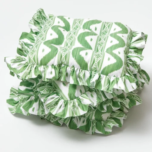 Mrs. Alice Frilled Green Ikat Seat Pad Cushion (Set of 4)< Cushions
