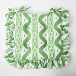 Mrs. Alice Frilled Green Ikat Seat Pad Cushion< Cushions