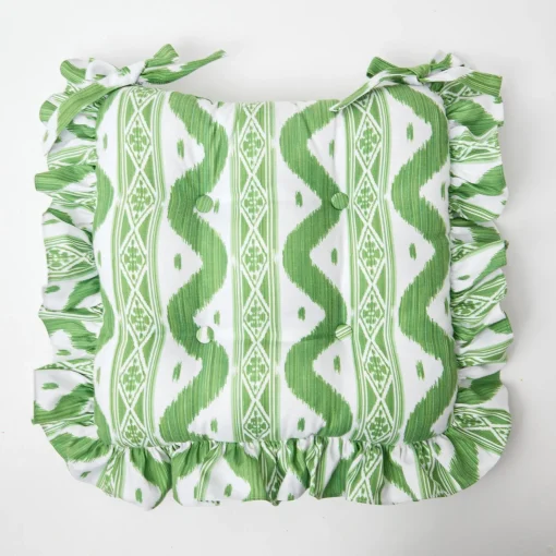 Mrs. Alice Frilled Green Ikat Seat Pad Cushion (Set of 4)< Cushions