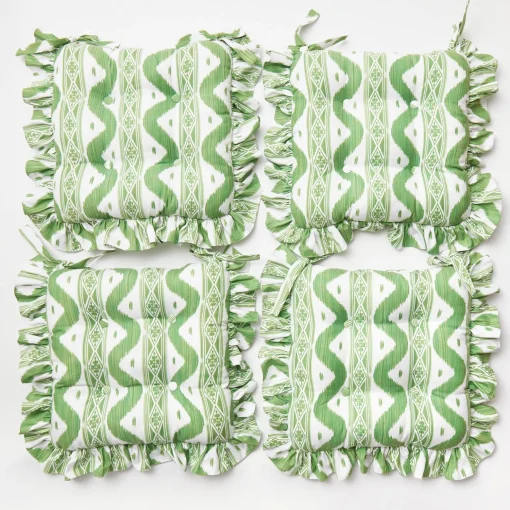 Mrs. Alice Frilled Green Ikat Seat Pad Cushion< Cushions