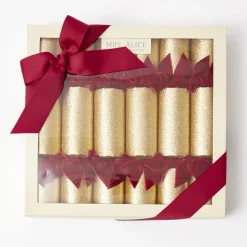 Mrs. Alice Gold Crackers With Red Velvet Bows (Set of 6)< Christmas Decorations