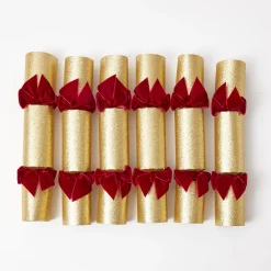 Mrs. Alice Gold Crackers With Red Velvet Bows (Set of 6)< Christmas Decorations