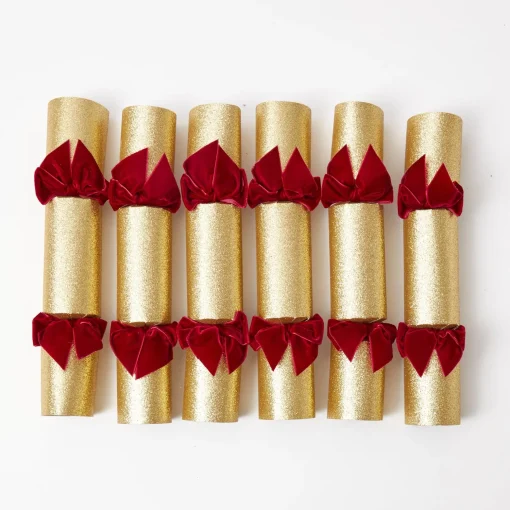 Mrs. Alice Gold Crackers With Red Velvet Bows (Set of 6)< Christmas Decorations