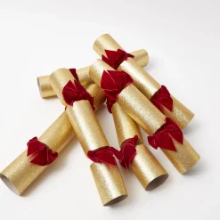 Mrs. Alice Gold Crackers With Red Velvet Bows (Set of 6)< Christmas Decorations