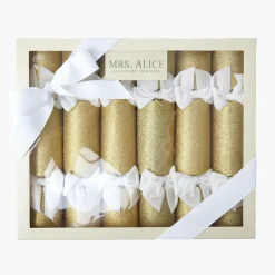 Mrs. Alice Gold Glitter Crackers with White Velvet Bows (Set of 6)< Christmas Decorations