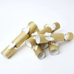 Mrs. Alice Gold Glitter Crackers with White Velvet Bows (Set of 6)< Christmas Decorations