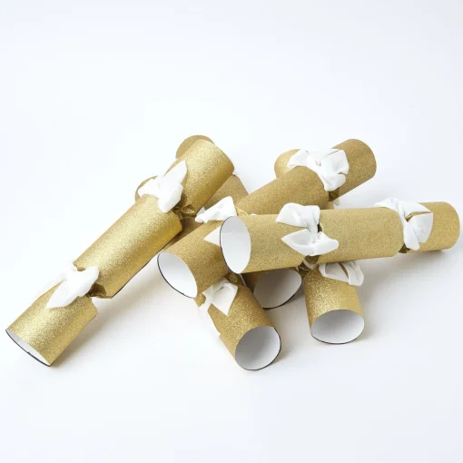 Mrs. Alice Gold Glitter Crackers with White Velvet Bows (Set of 6)< Christmas Decorations
