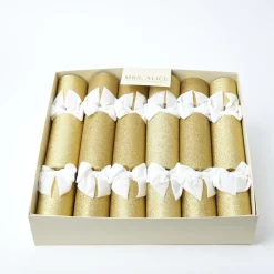 Mrs. Alice Gold Glitter Crackers with White Velvet Bows (Set of 6)< Christmas Decorations
