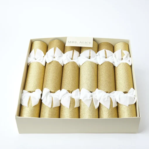 Mrs. Alice Gold Glitter Crackers with White Velvet Bows (Set of 6)< Christmas Decorations