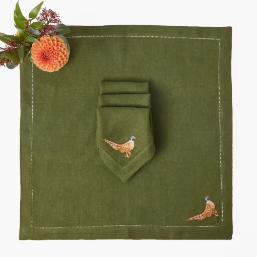 Mrs. Alice Green Embroidered Pheasant Linen Napkins (Set of 4)< Napkins | For The Hostess