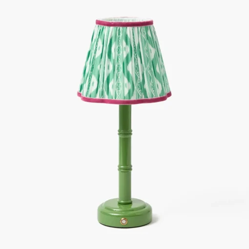Mrs. Alice Green Leonora Lacquer Rechargeable Lamp with Green & Raspberry Ikat Shade (18cm)< Rechargeable Table Lamps | Summer Lighting