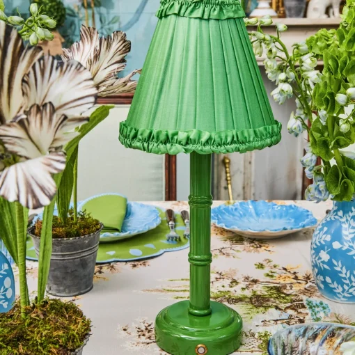 Mrs. Alice Green Leonora Lacquer Rechargeable Lamp with Green Frilled Silk Shade (18cm)< Rechargeable Table Lamps