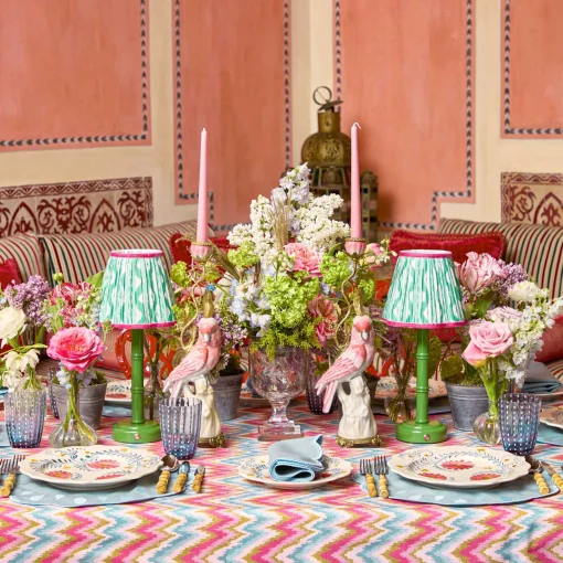 Mrs. Alice Green Leonora Lacquer Rechargeable Lamp with Green & Raspberry Ikat Shade (18cm)< Rechargeable Table Lamps | Summer Lighting