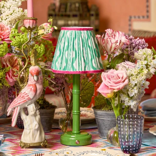 Mrs. Alice Green Leonora Lacquer Rechargeable Lamp with Green & Raspberry Ikat Shade (18cm)< Rechargeable Table Lamps | Summer Lighting