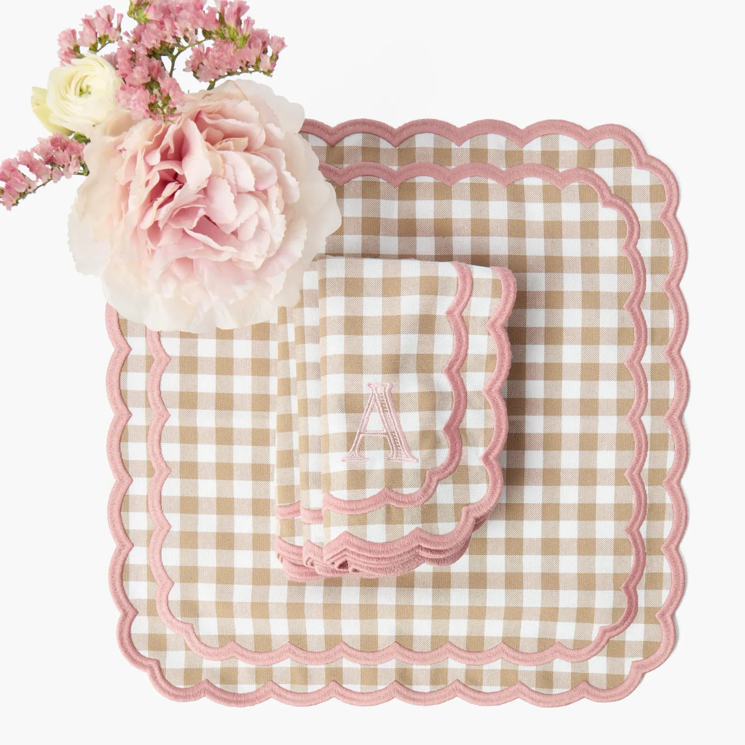 Mrs. Alice Isla Putty & Pink Gingham Placemats & Napkins (Set of 4)< Table Linen Sets | Mrs. Alice Monogram