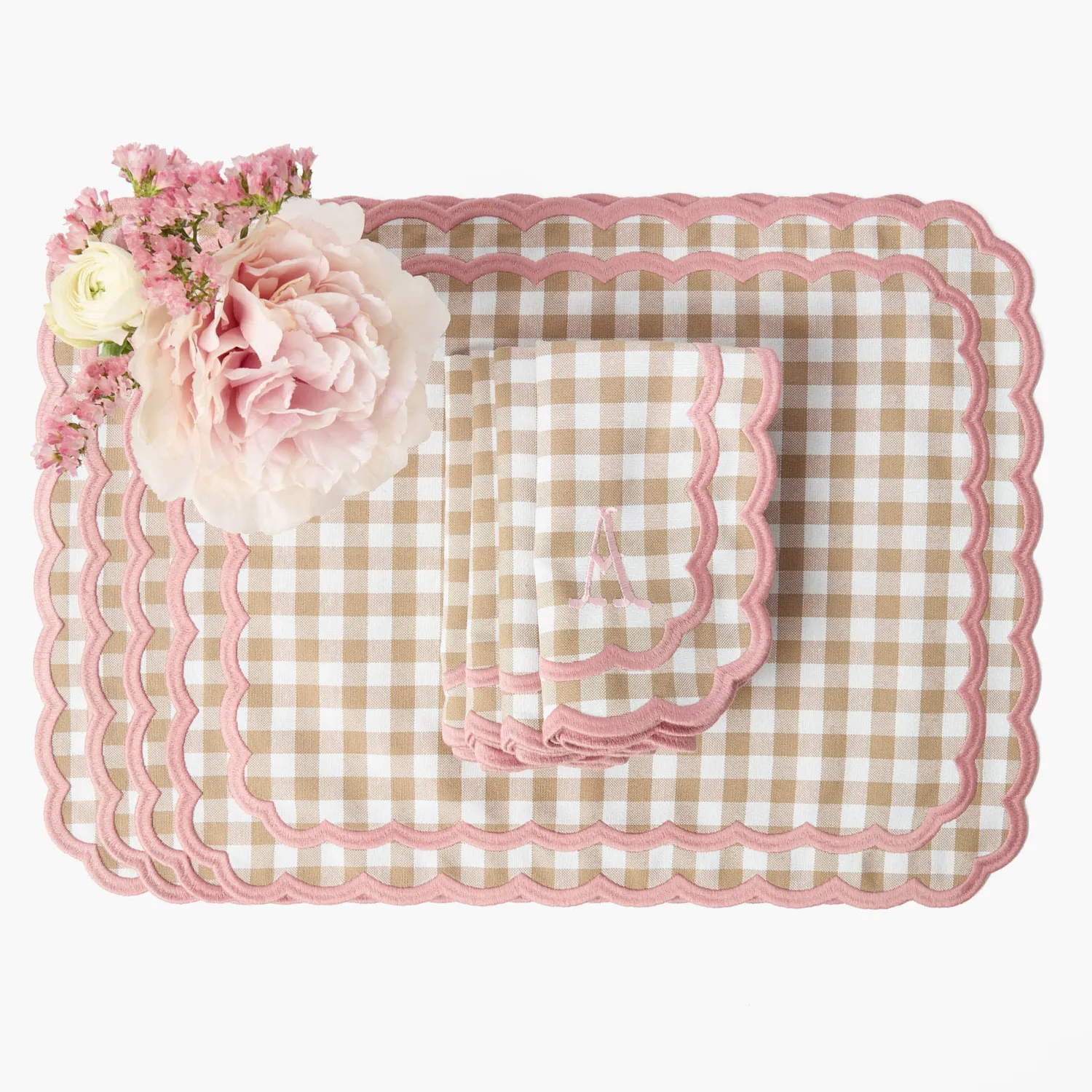 Mrs. Alice Isla Putty & Pink Gingham Placemats & Napkins (Set of 4)< Table Linen Sets | Mrs. Alice Monogram