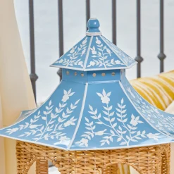 Mrs. Alice Large Natural Rattan & Blue Chinoiserie Pagoda Lantern< Summer Candleware | Year-round Decorations