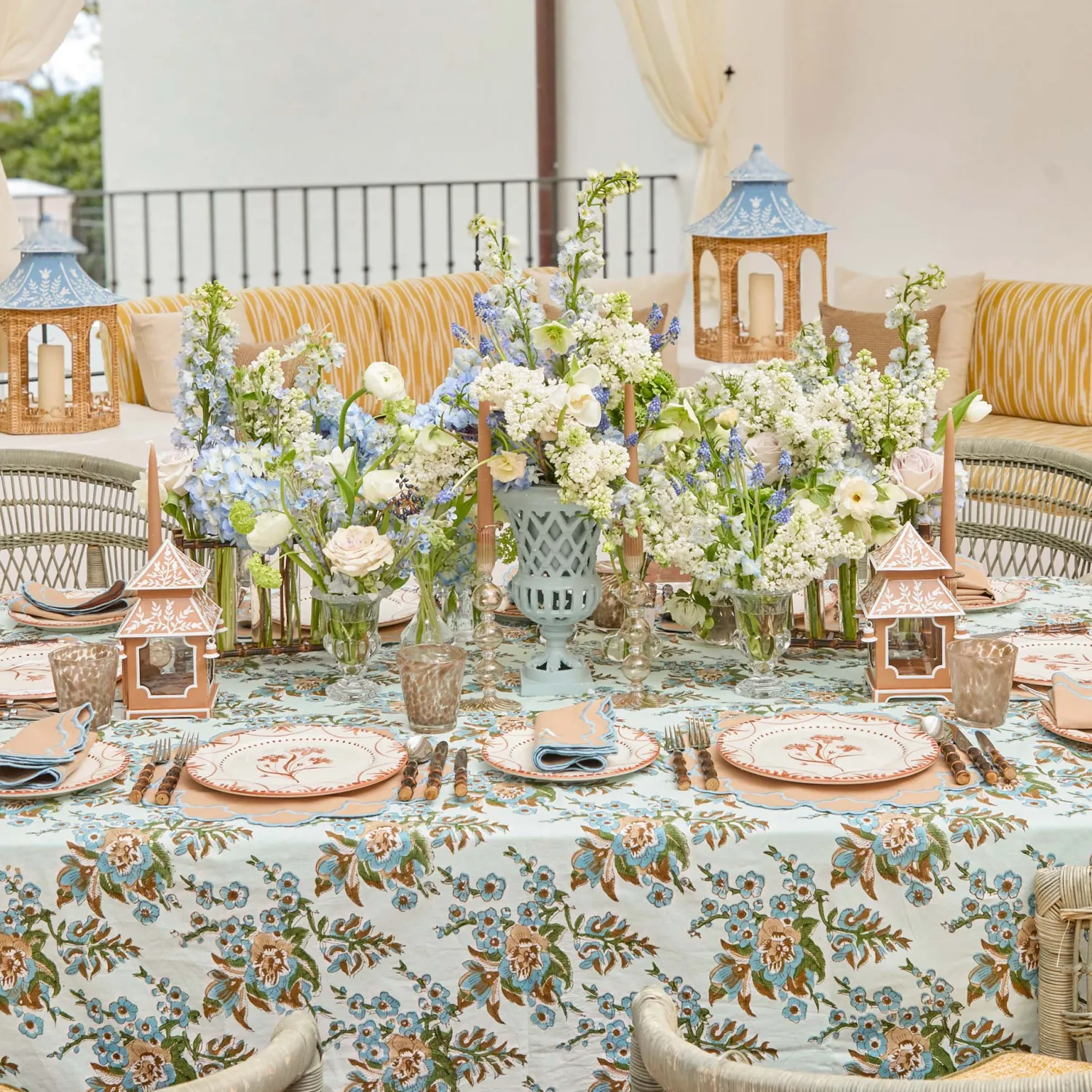 Mrs. Alice Large Natural Rattan & Blue Chinoiserie Pagoda Lantern< Summer Candleware | Year-round Decorations