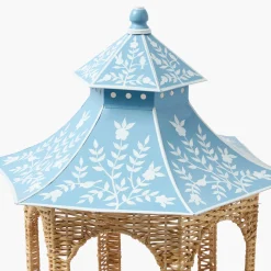 Mrs. Alice Large Natural Rattan & Blue Chinoiserie Pagoda Lantern< Summer Candleware | Year-round Decorations