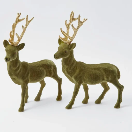 Mrs. Alice Large Olive Green Flocked Reindeer (Pair)< Christmas Decorations