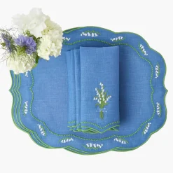 Mrs. Alice Lily of the Valley Blue Linen Placemats & Napkins (Set of 4)< Summer Table Linen | Table Linen Sets
