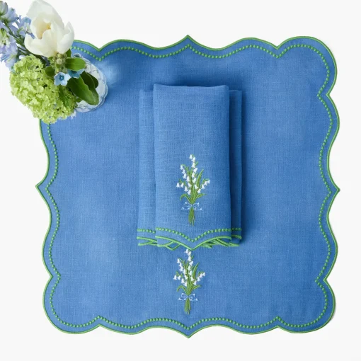 Mrs. Alice Lily of the Valley Blue Linen Placemats & Napkins (Set of 4)< Summer Table Linen | Table Linen Sets