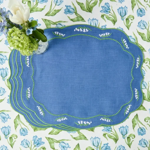 Mrs. Alice Lily of the Valley Blue Linen Placemats & Napkins (Set of 4)< Summer Table Linen | Table Linen Sets