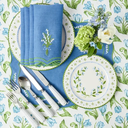 Mrs. Alice Lily of the Valley Blue Linen Placemats & Napkins (Set of 4)< Summer Table Linen | Table Linen Sets