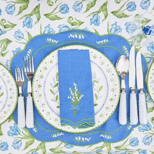 Mrs. Alice Lily of the Valley Blue Linen Placemats & Napkins (Set of 4)< Summer Table Linen | Table Linen Sets