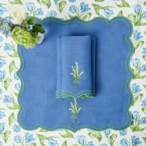 Mrs. Alice Lily of the Valley Blue Linen Napkins (Set of 4)< Summer Table Linen | Napkins