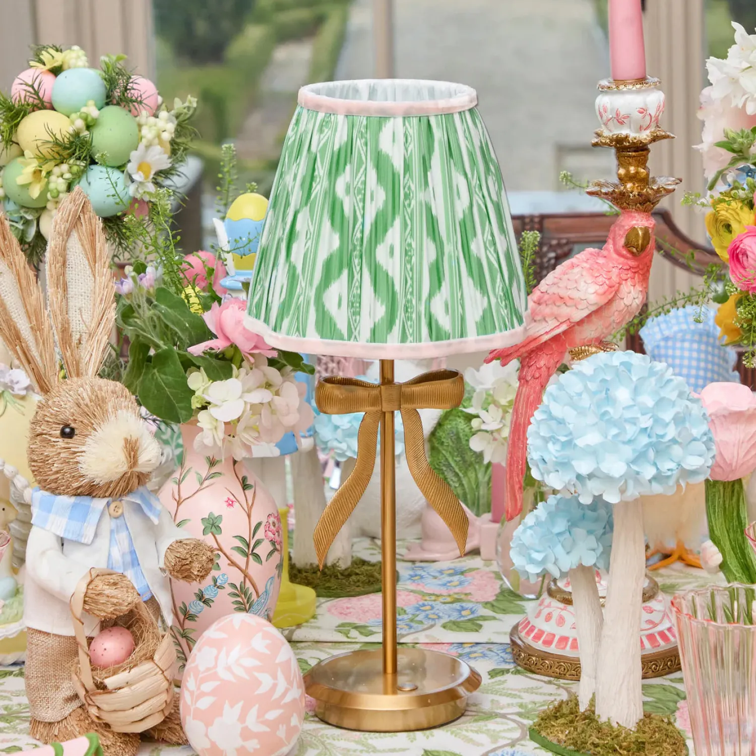 Mrs. Alice Marilyn Bow Rechargeable Lamp with Green & Pink Ikat Shade (18cm)< Rechargeable Table Lamps