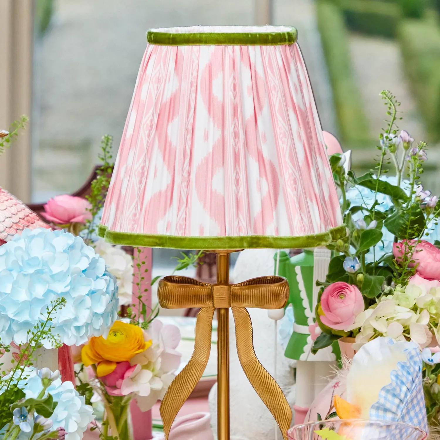 Mrs. Alice Marilyn Bow Rechargeable Lamp with Pink & Green Ikat Shade (18cm)< Rechargeable Table Lamps