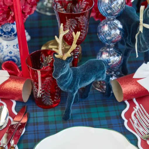 Mrs. Alice Navy Flocked Reindeer Family with Gold Trimmed Bows< Christmas Decorations